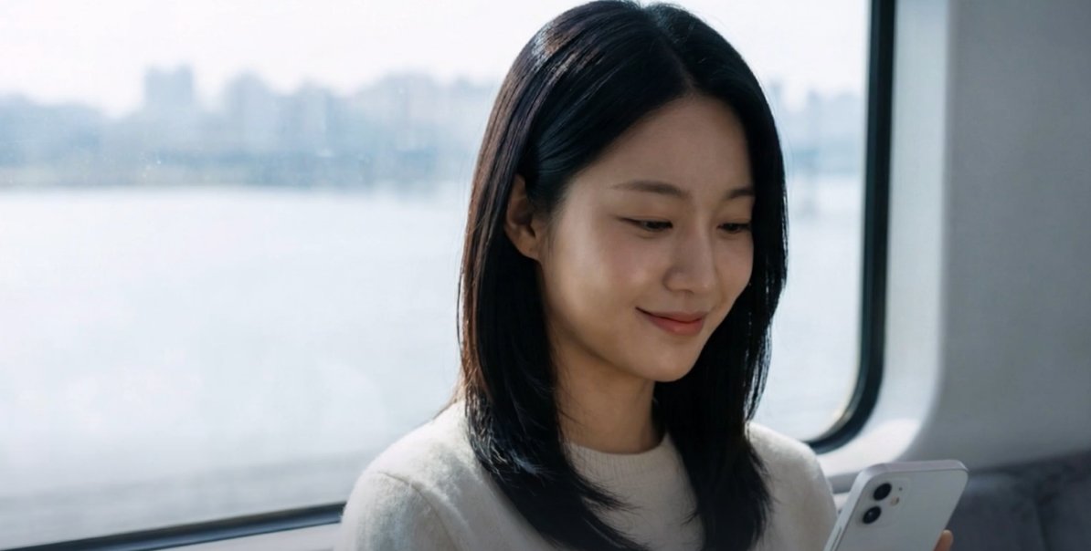 지하철 창가에 앉아 휴대폰을 보며 미소 짓는 사람
