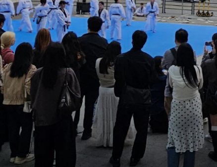 파란 무대 위 태권도 공연을 시민들이 둘러서서 지켜보는 모습